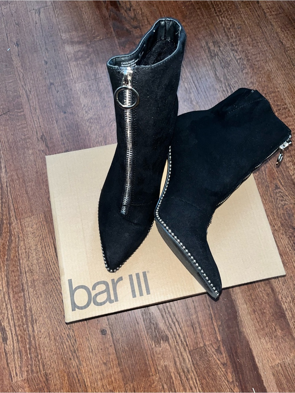 Bar III Black Suede Pointed Toe Ankle Booties with Ring Zip